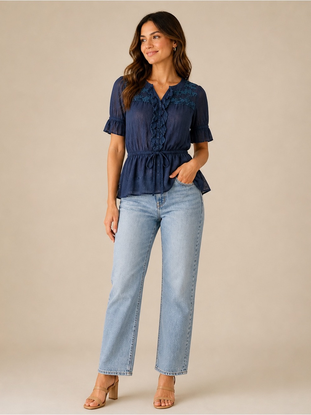 Neslay Navy Tie Waist Ruffle‎ Blouse Women’s Size L Peplum Sheer Top